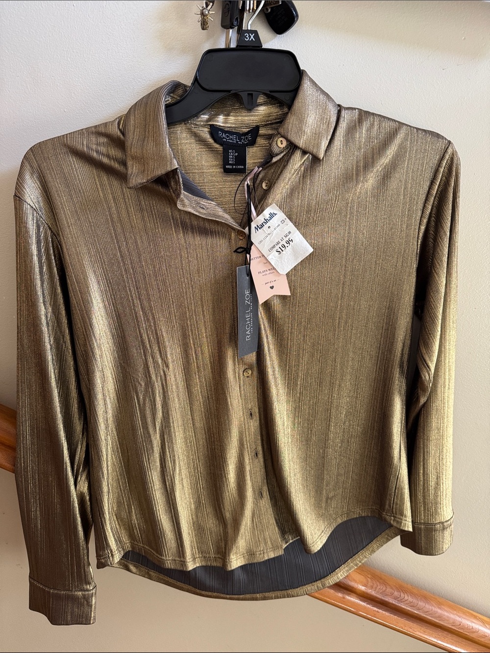 Rachel Zoe Metallic Gold Long-Sleeve Button Down Shirt
